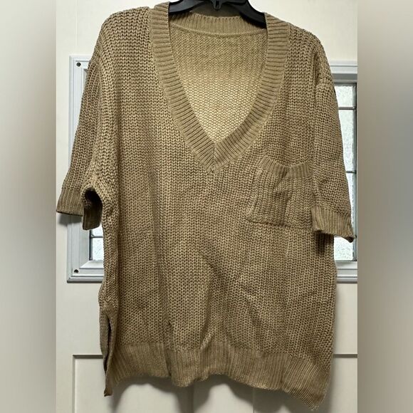 Woman’s SHEIN Short Sleeve Sweater with Pocket Tan (665) - Picture 1 of 6